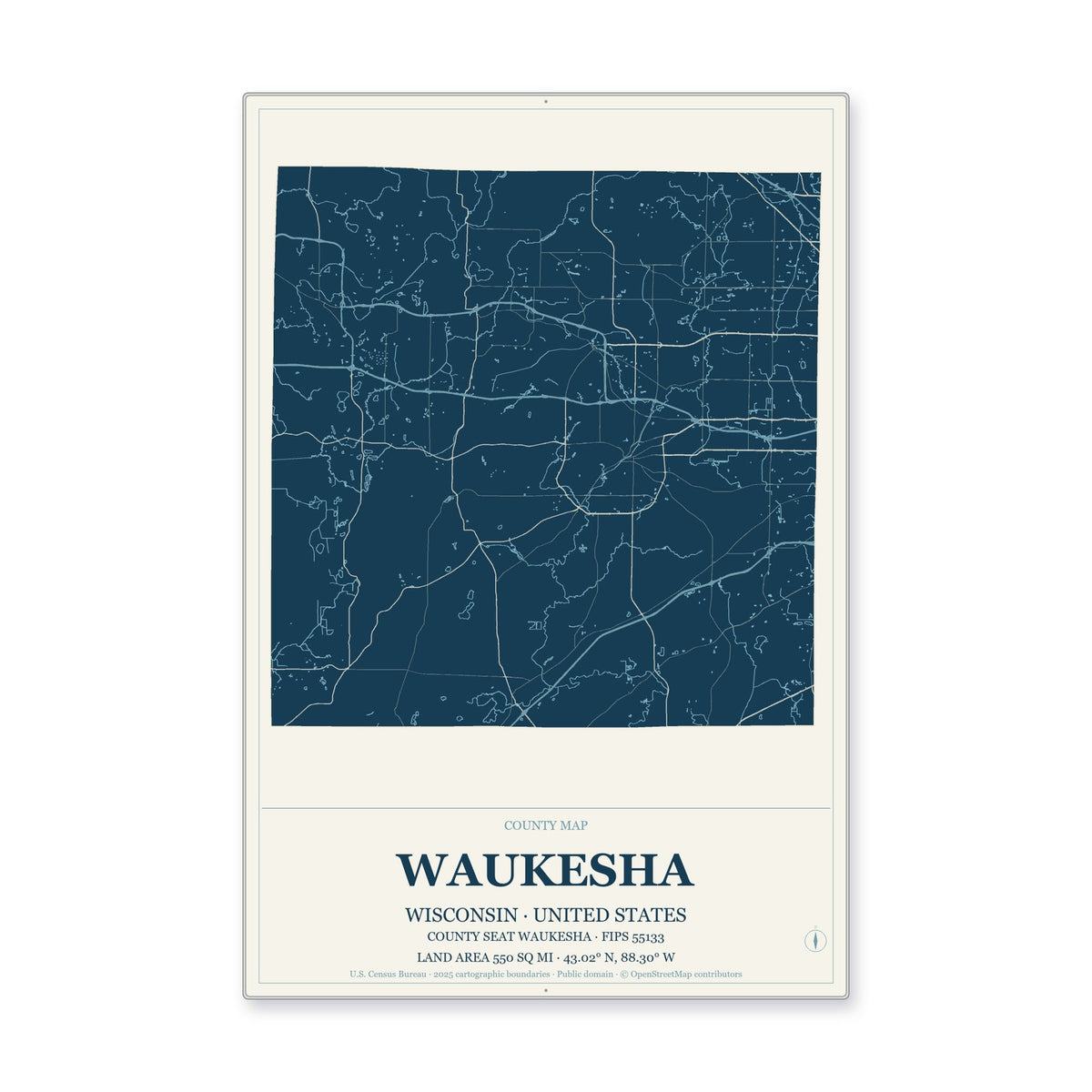 Waukesha County, Wisconsin Map Aluminum Sign in Coastal Cutout style