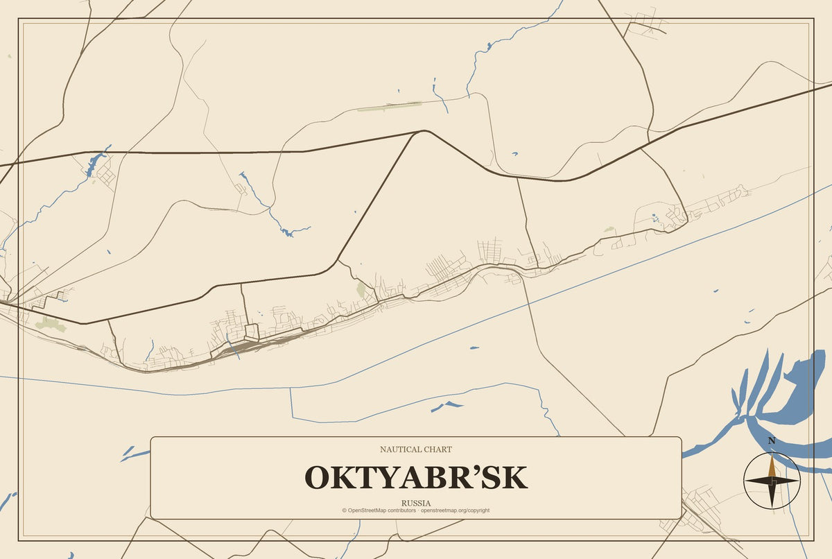 Oktyabr’sk, Russia City Map Aluminum Sign in Heritage Nautical style