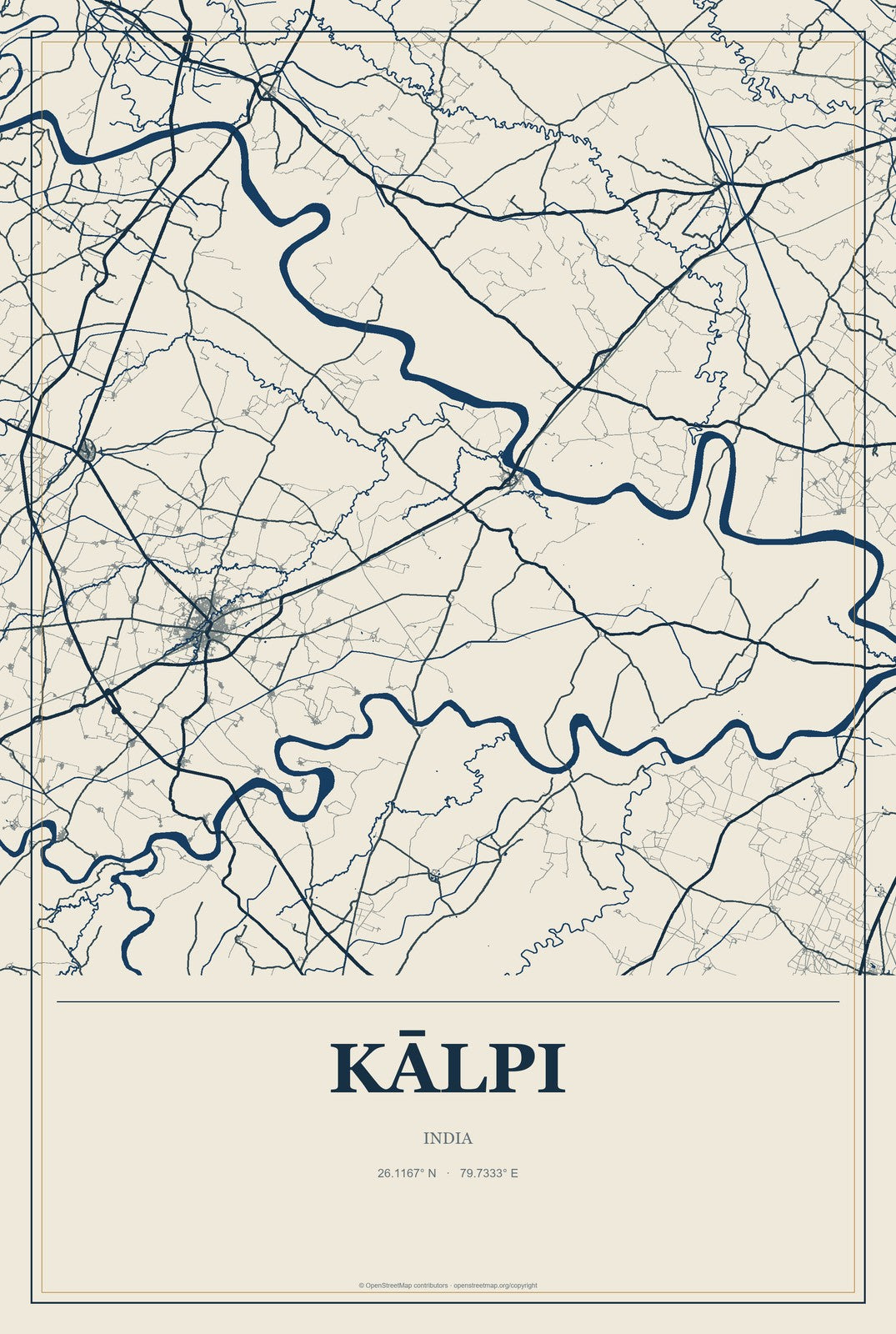 Kālpi, India City Map Aluminum Sign in Coastal Cutout style