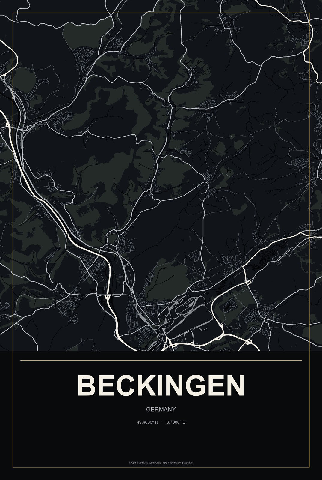 Beckingen, Germany City Map Aluminum Sign in Metropolitan Noir style