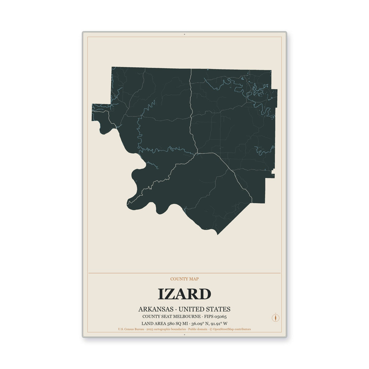 Izard County, Arkansas Map Aluminum Sign in Headline Atlas style