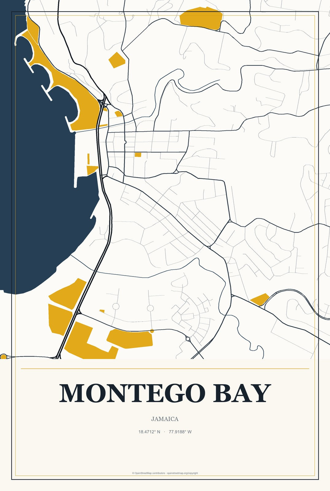 Montego Bay, Jamaica City Map Aluminum Sign in Citrine Modern style