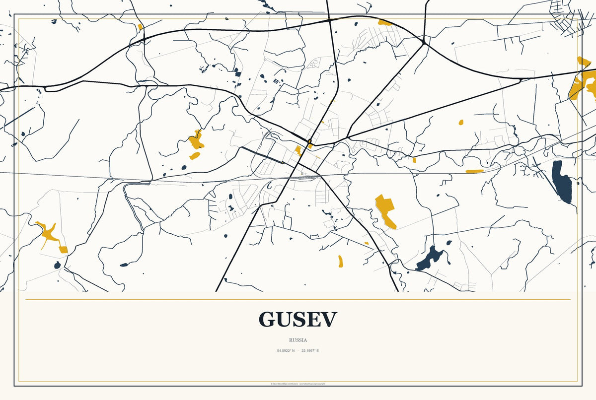 Gusev, Russia City Map Aluminum Sign in Citrine Modern style