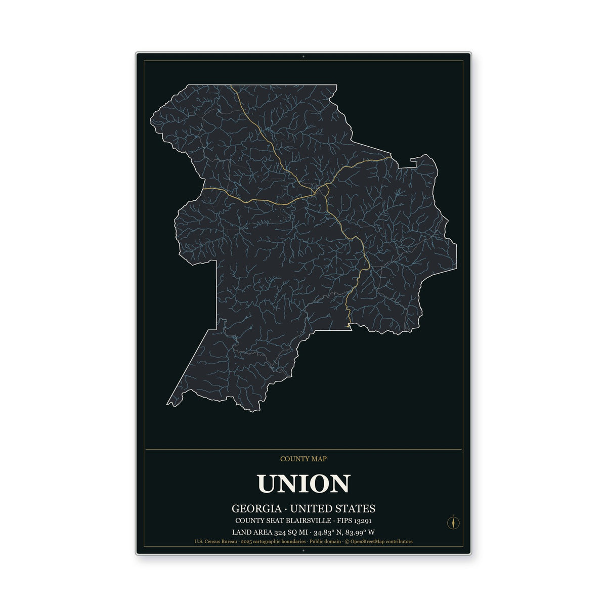 Union County, Georgia Map Aluminum Sign in Metropolitan Noir style