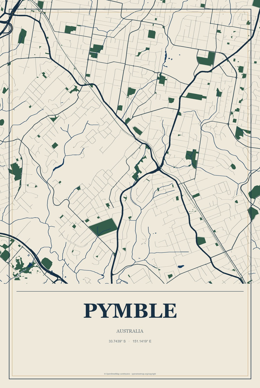 Pymble, Australia City Map Aluminum Sign in Coastal Cutout style