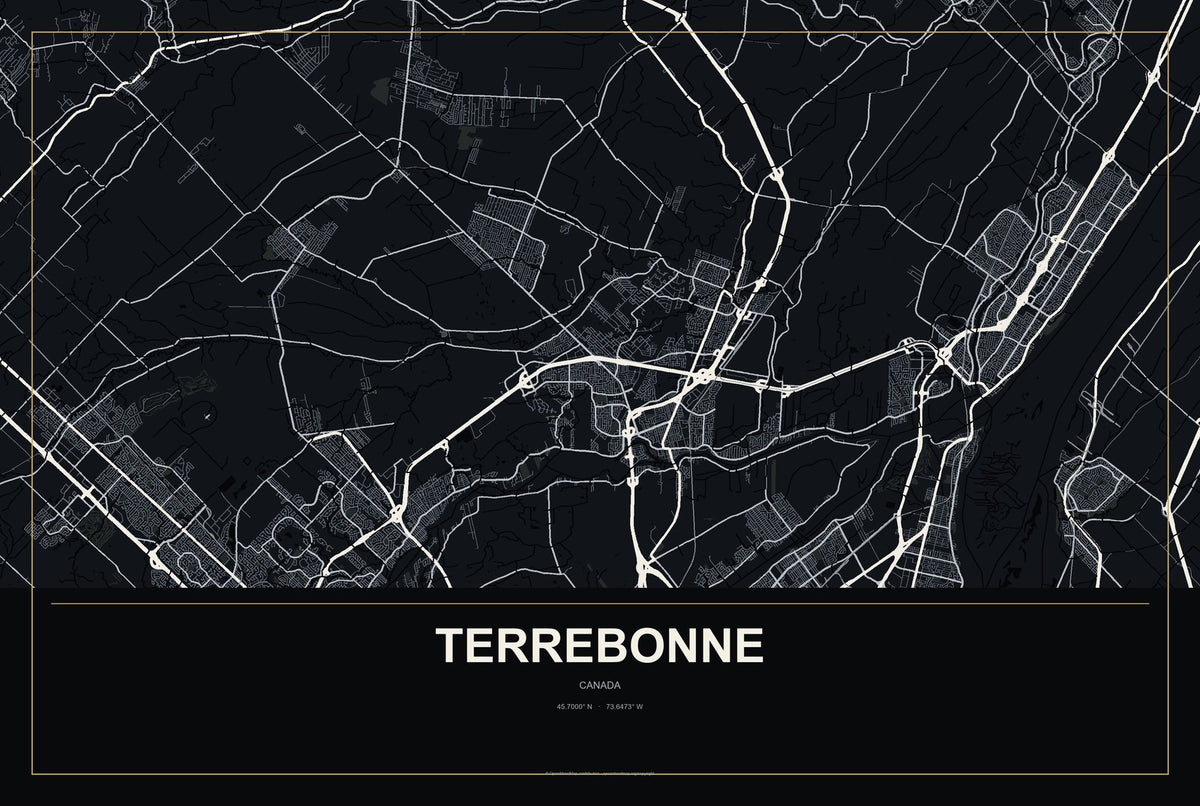 Terrebonne, Canada City Map Aluminum Sign in Metropolitan Noir style