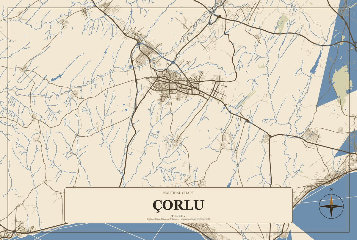 Çorlu, Turkey City Map Aluminum Sign in Heritage Nautical style