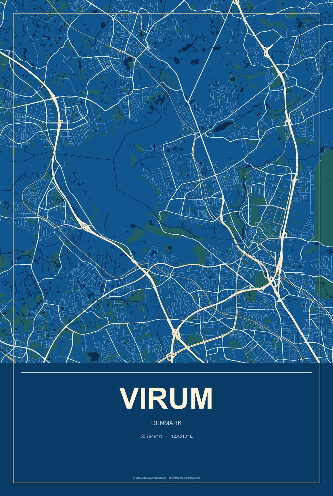 Virum, Denmark City Map Aluminum Sign in Harbor Cobalt style