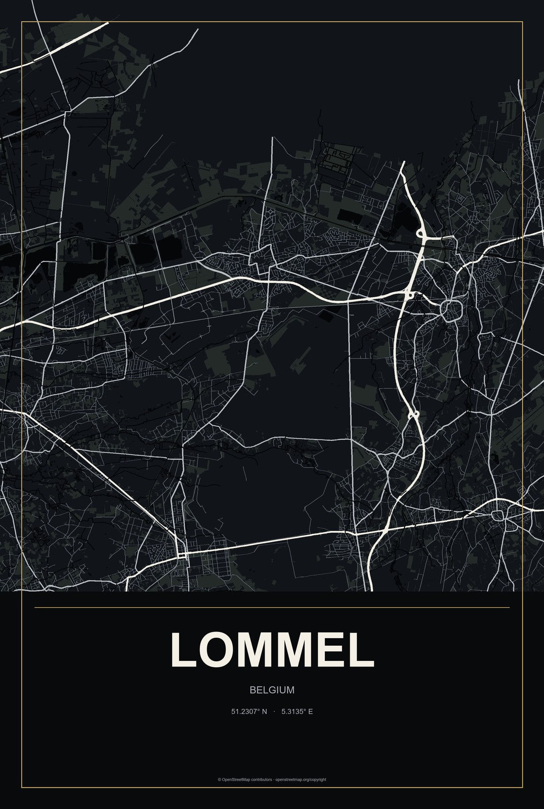 Lommel, Belgium City Map Aluminum Sign in Metropolitan Noir style