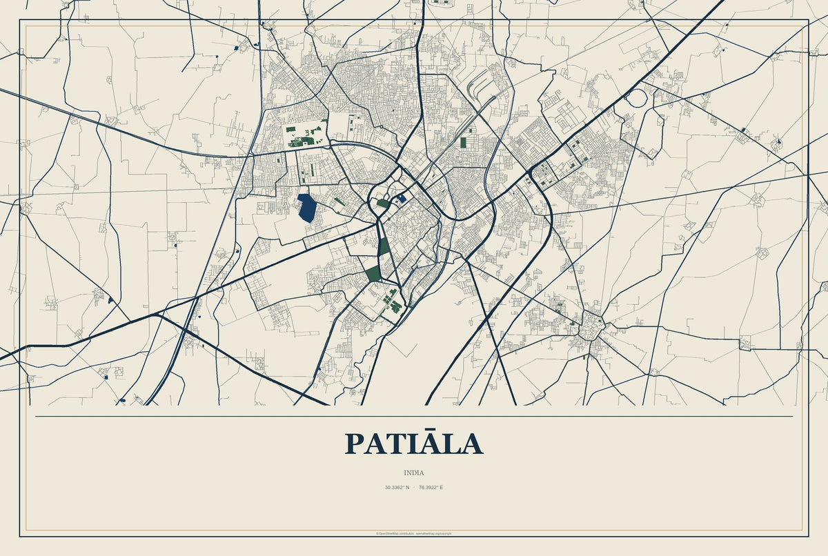 Patiāla, India City Map Aluminum Sign in Coastal Cutout style
