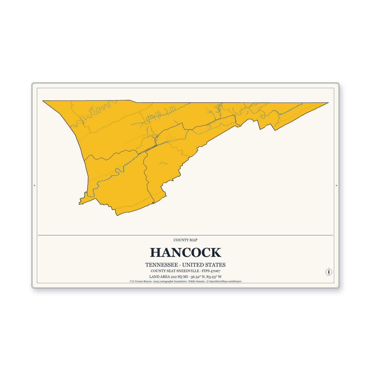 Hancock County, Tennessee Map Aluminum Sign in Citrine Modern style