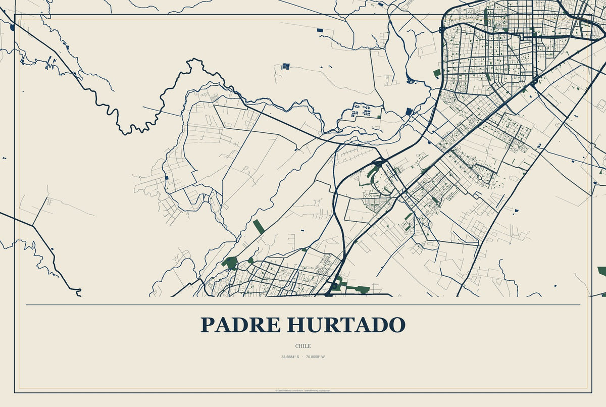 Padre Hurtado, Chile City Map Aluminum Sign in Coastal Cutout style