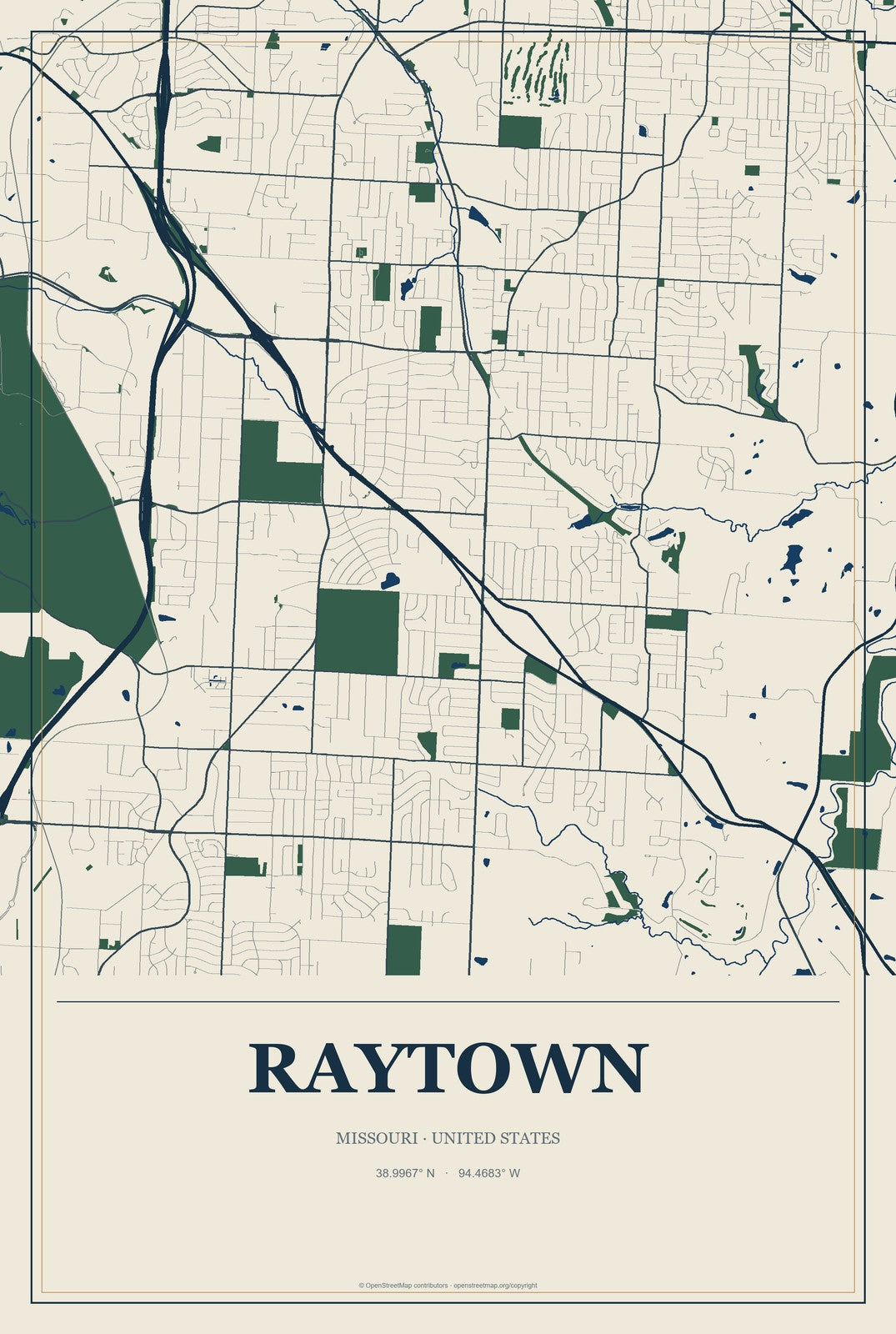 Raytown, Missouri City Map Aluminum Sign in Coastal Cutout style