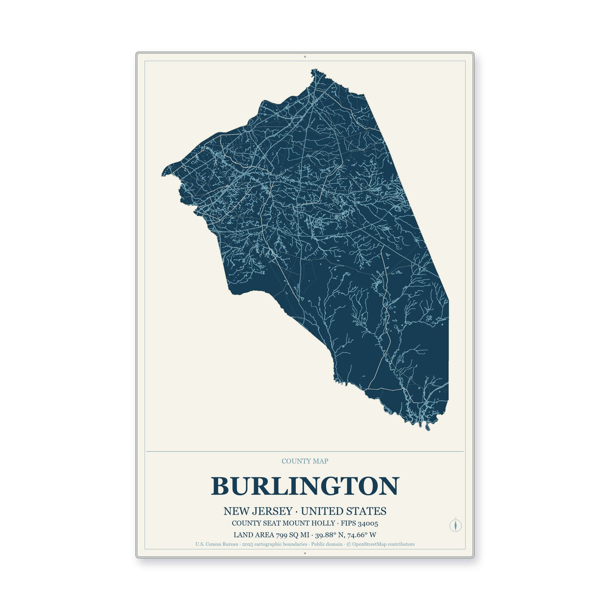 Burlington County, New Jersey Map Aluminum Sign in Coastal Cutout style