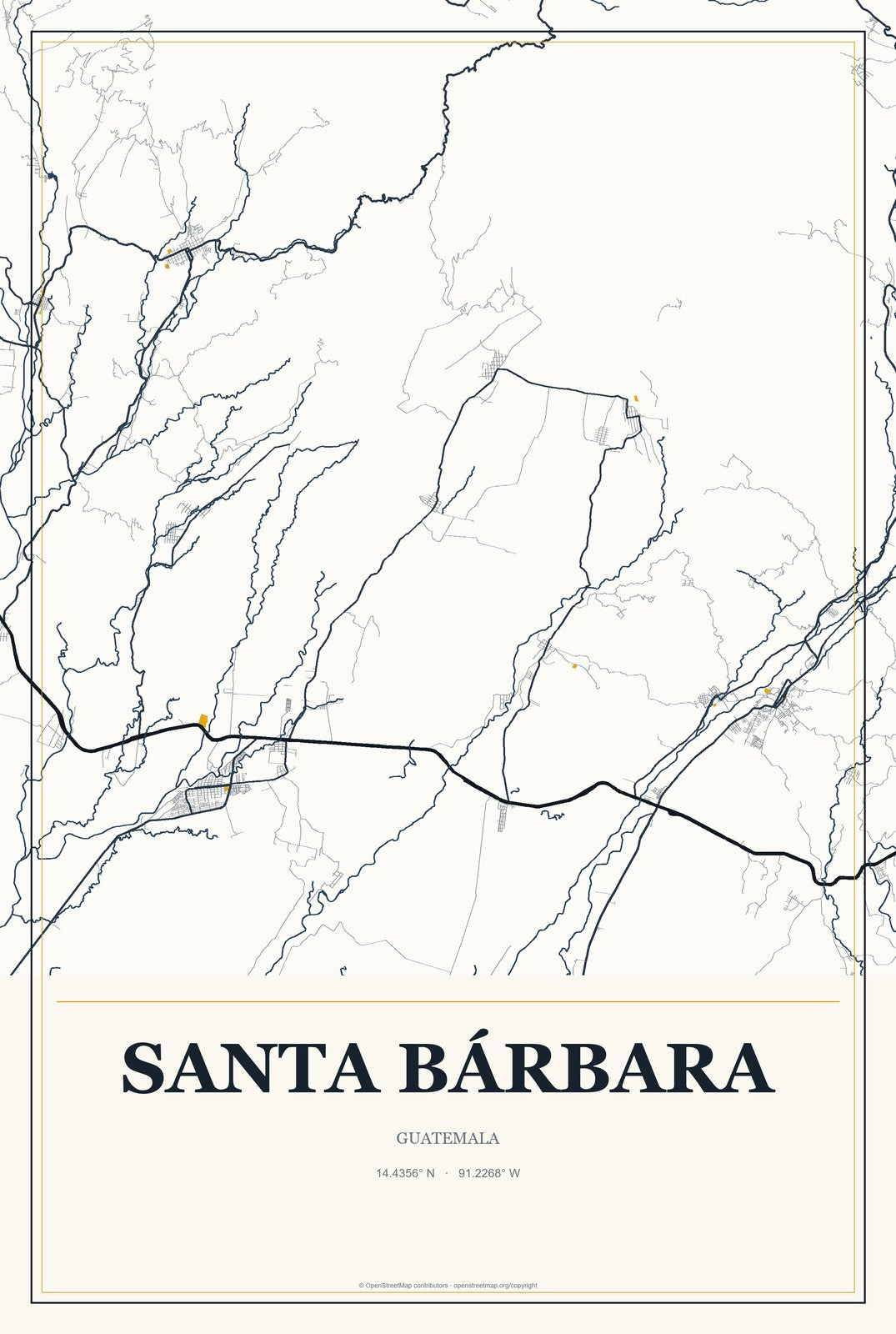 Santa Bárbara, Guatemala City Map Aluminum Sign in Citrine Modern style