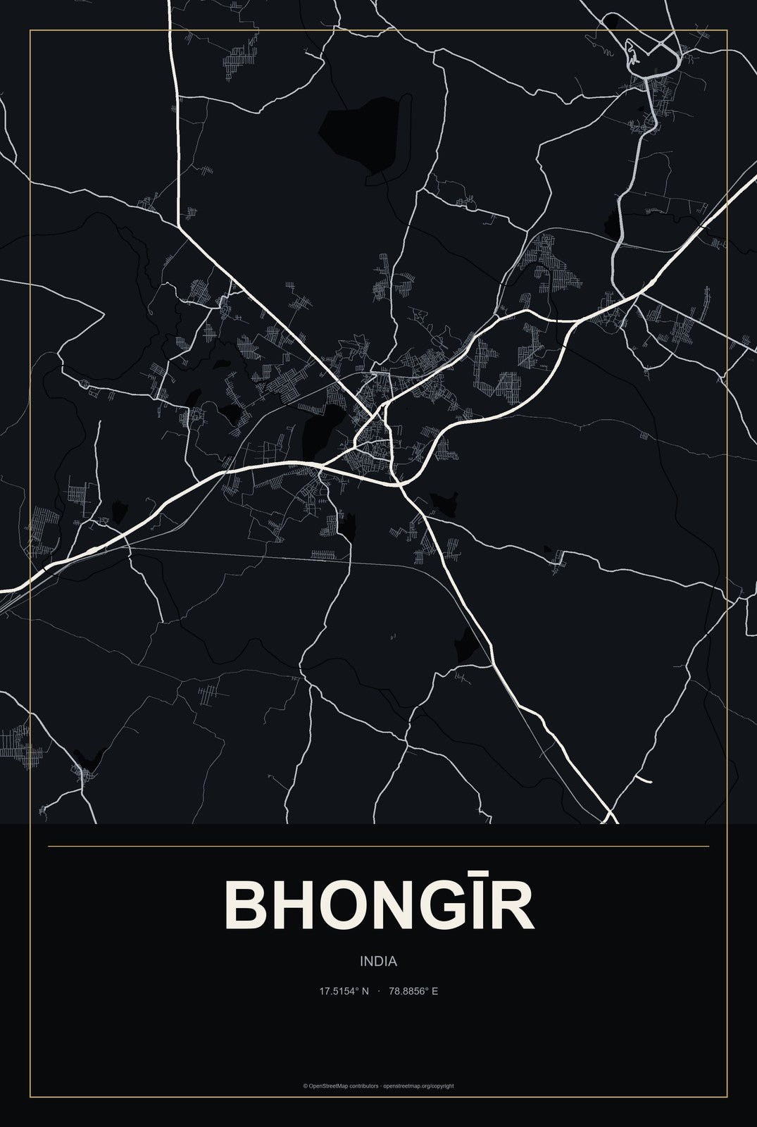 Bhongīr, India City Map Aluminum Sign in Metropolitan Noir style