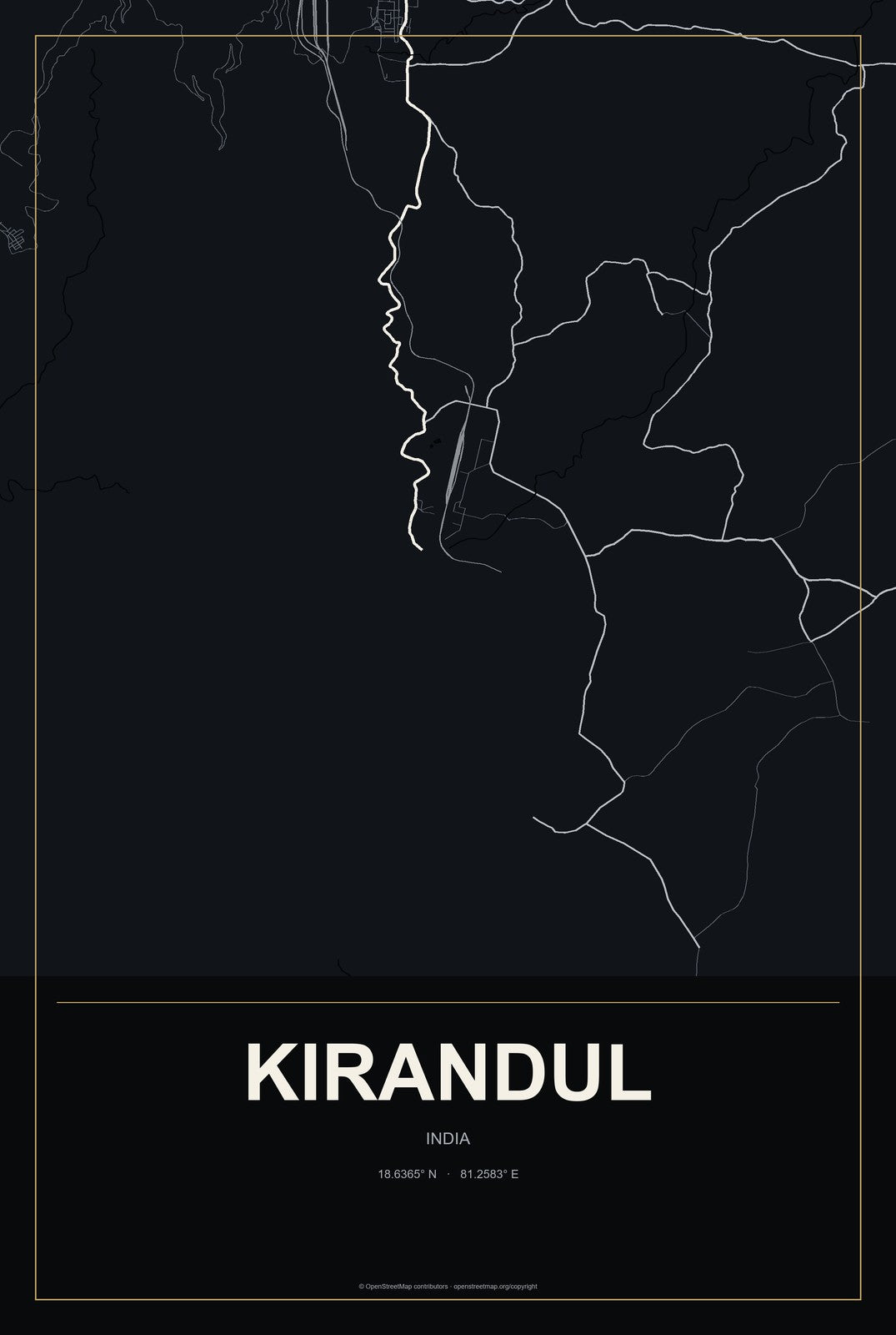 Kirandul, India City Map Aluminum Sign in Metropolitan Noir style