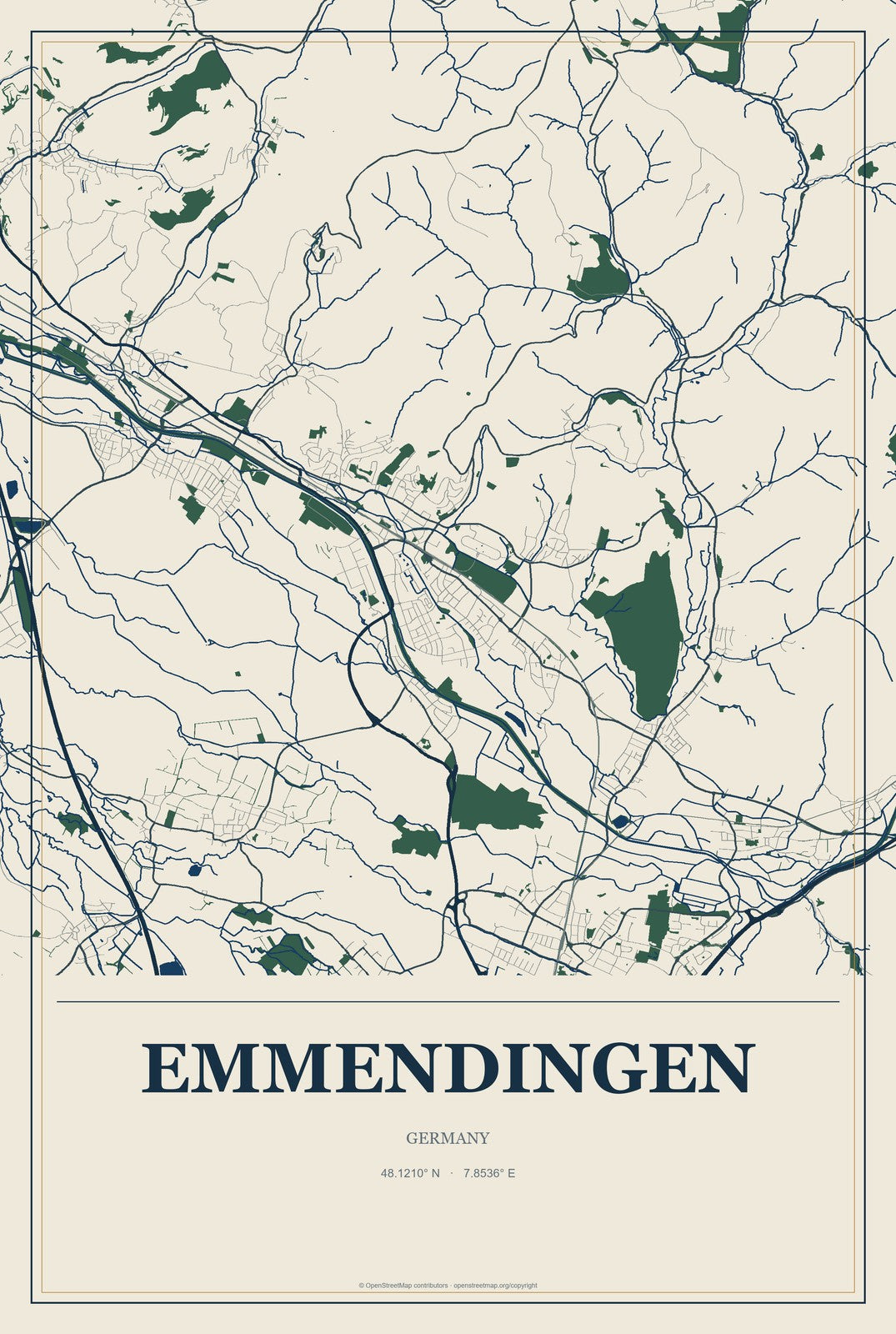 Emmendingen, Germany City Map Aluminum Sign in Coastal Cutout style