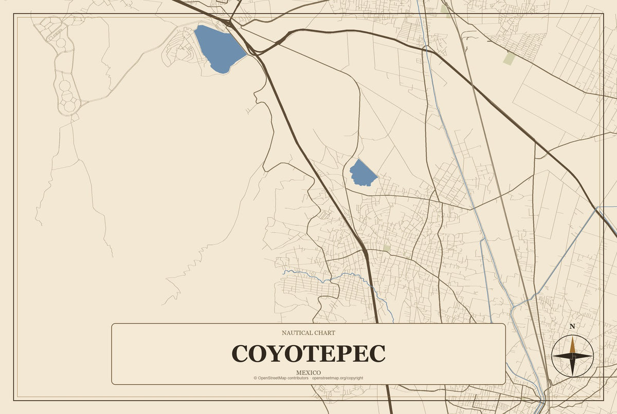Coyotepec, Mexico City Map Aluminum Sign in Heritage Nautical style