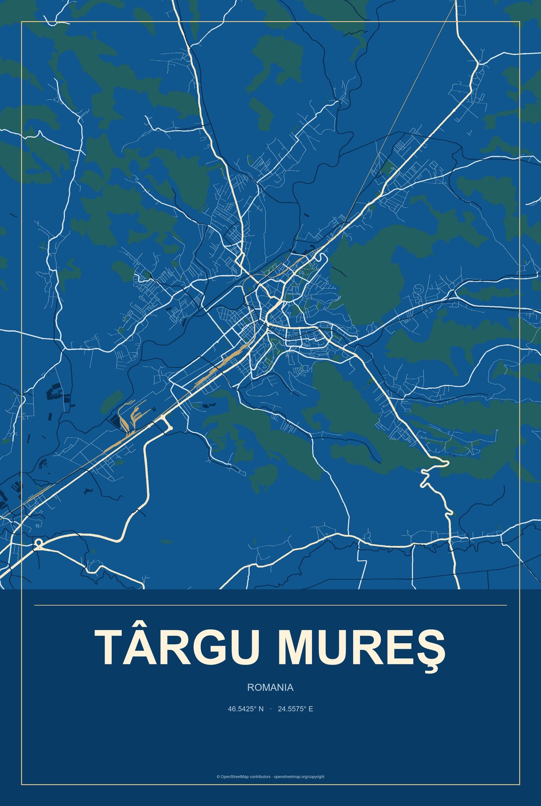 Târgu Mureş, Romania City Map Aluminum Sign in Harbor Cobalt style