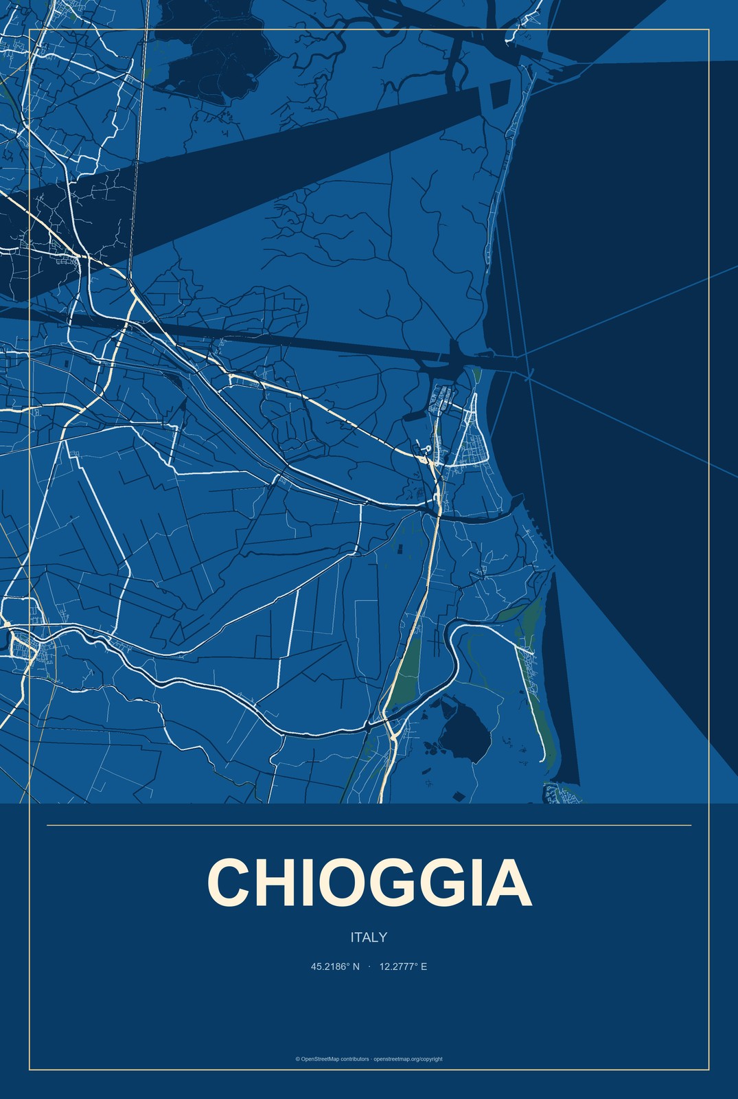Chioggia, Italy City Map Aluminum Sign in Harbor Cobalt style
