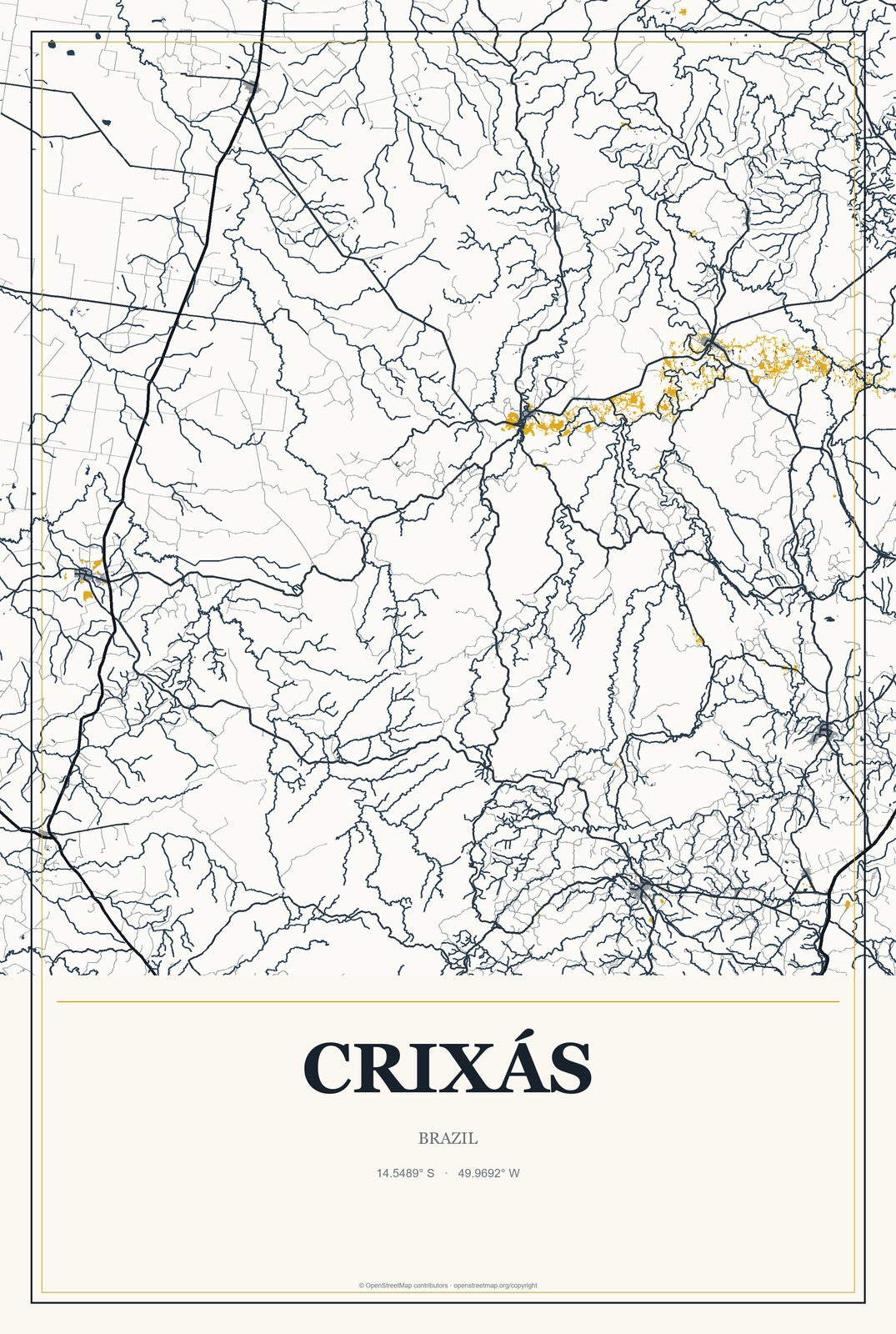 Crixás, Brazil City Map Aluminum Sign in Citrine Modern style