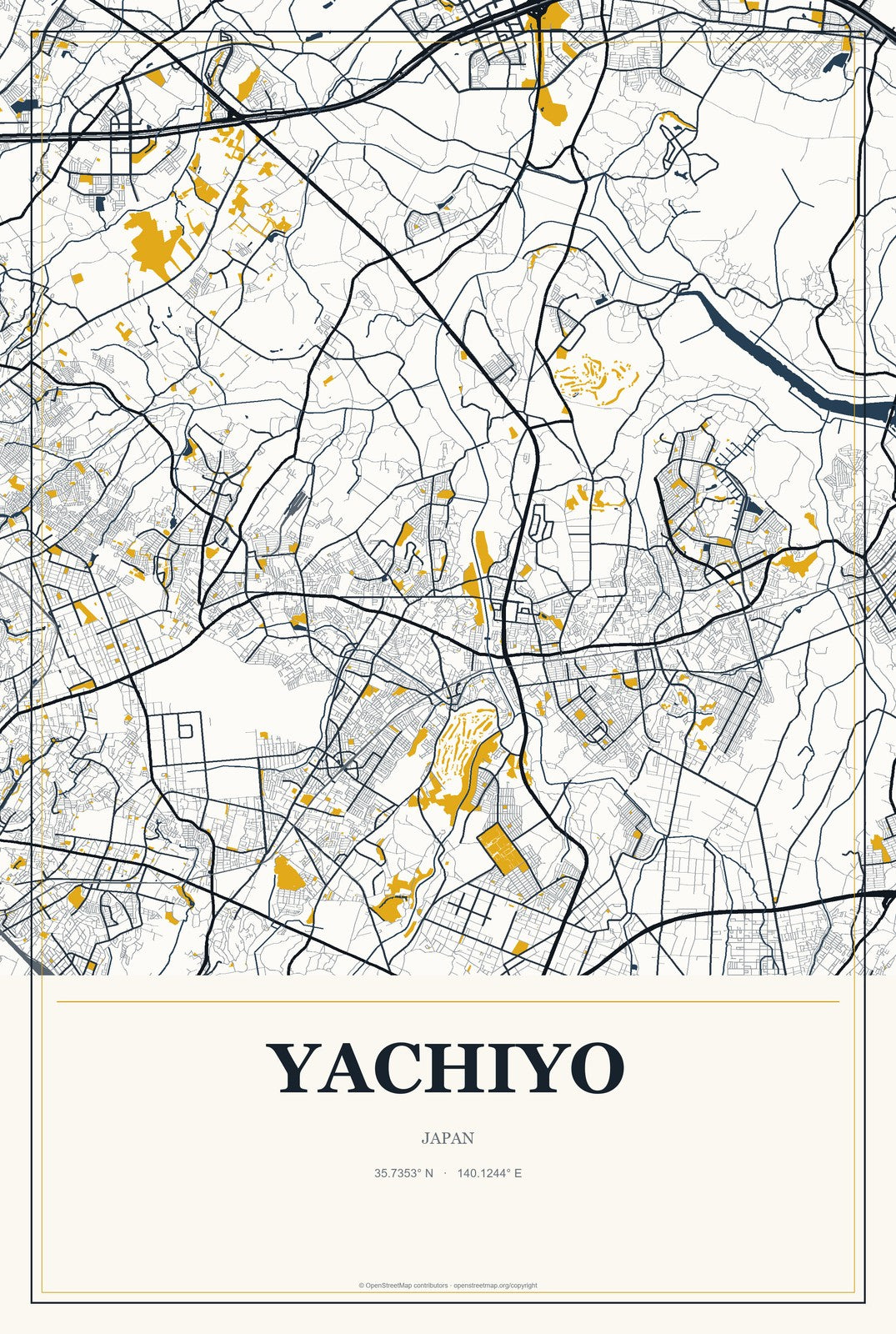 Yachiyo, Ibaraki, Japan City Map Aluminum Sign in Citrine Modern style