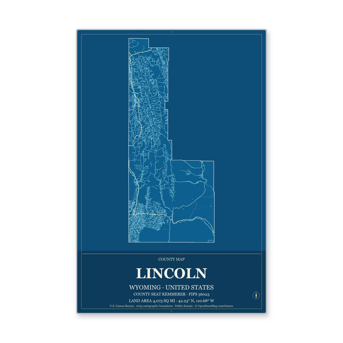 Lincoln County, Wyoming Map Aluminum Sign in Harbor Cobalt style