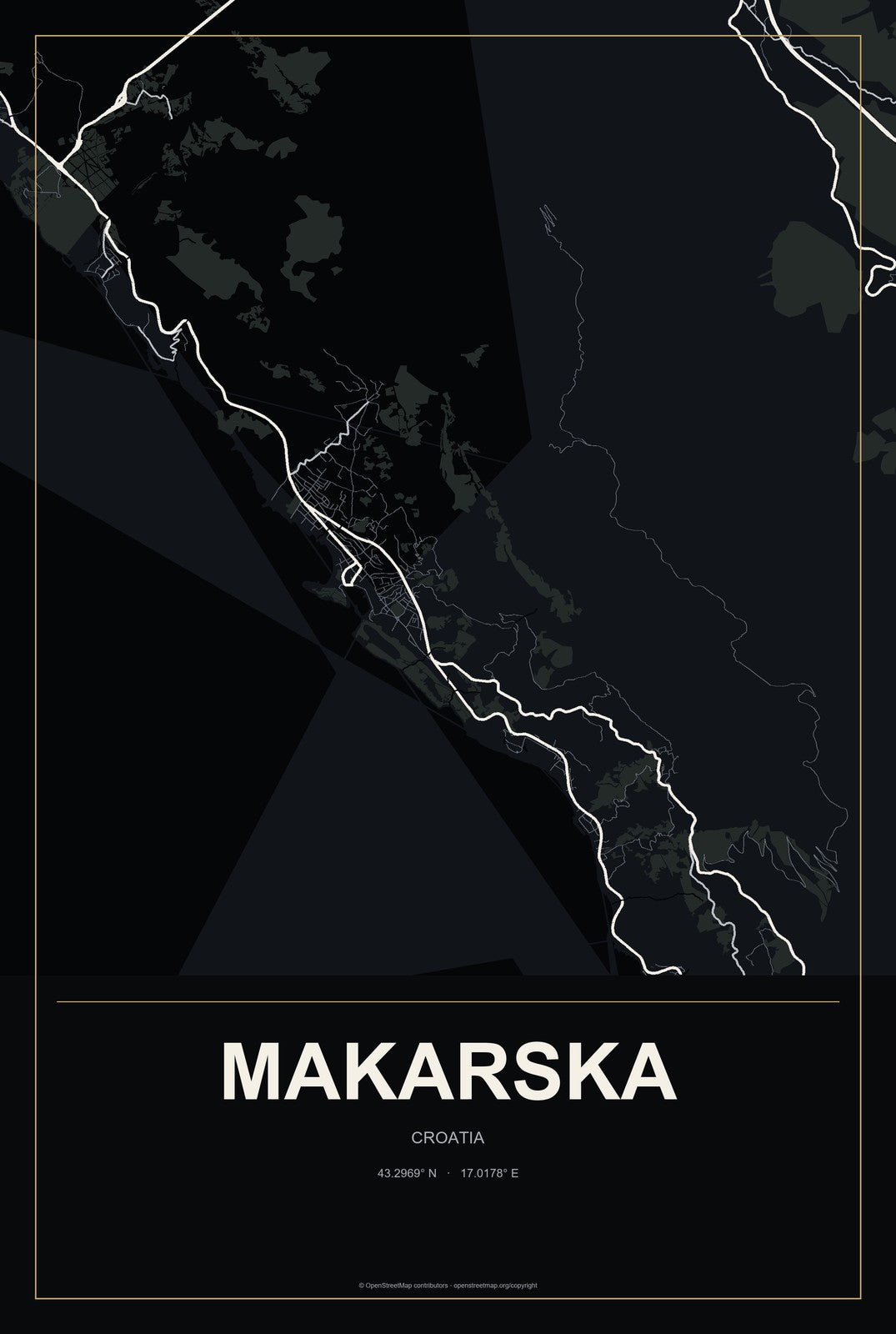 Makarska, Croatia City Map Aluminum Sign in Metropolitan Noir style