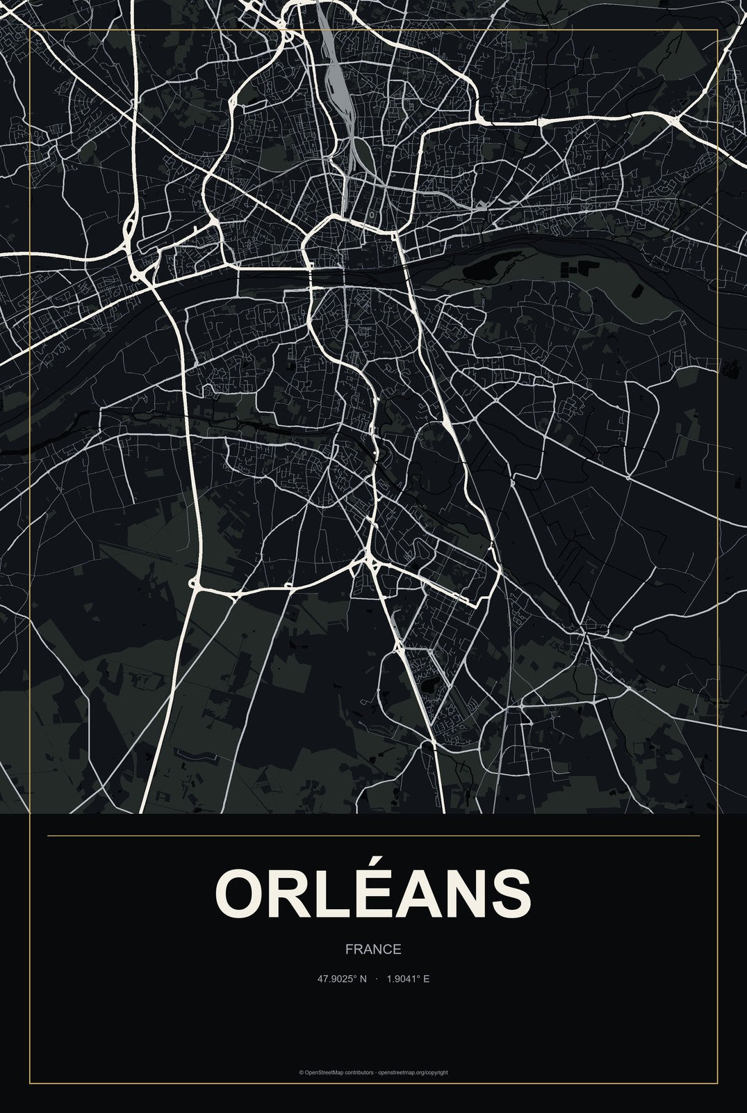 Orléans, France City Map Aluminum Sign in Metropolitan Noir style