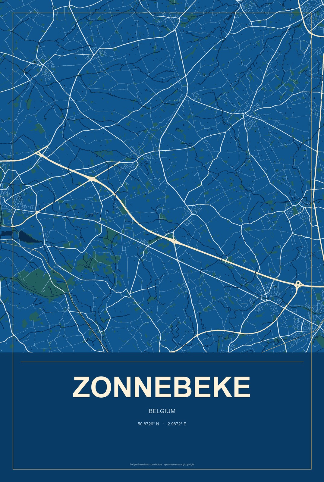 Zonnebeke, Belgium City Map Aluminum Sign in Harbor Cobalt style