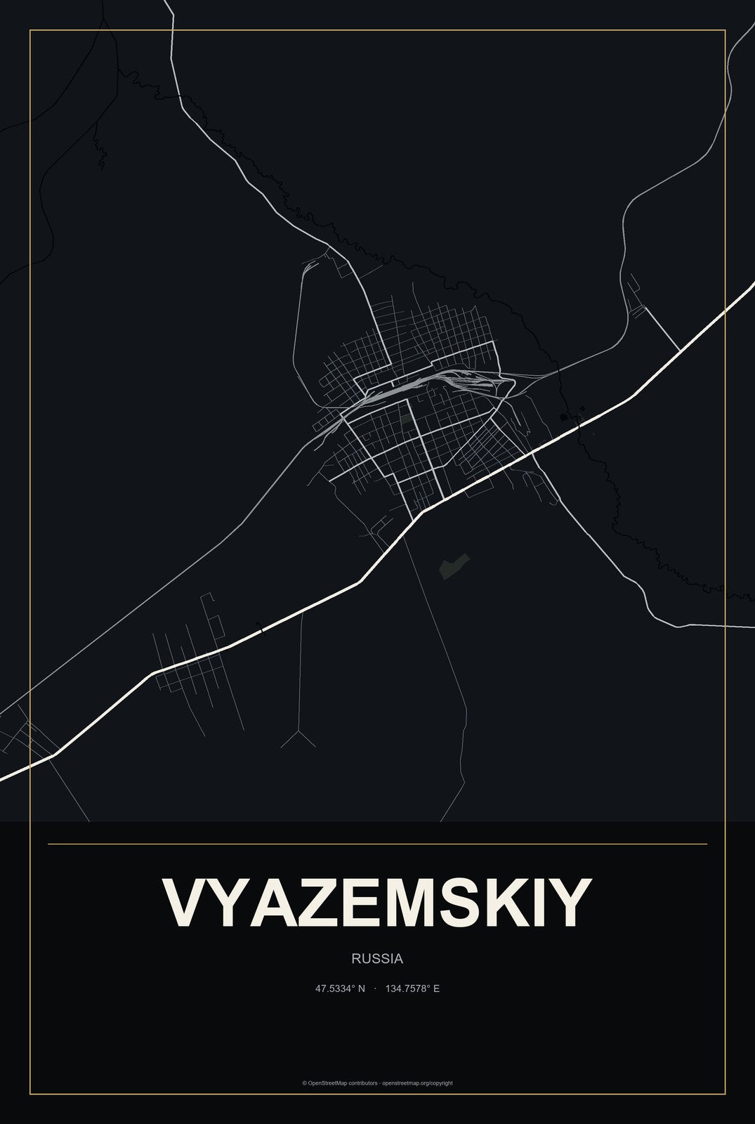 Vyazemskiy, Russia City Map Aluminum Sign in Metropolitan Noir style