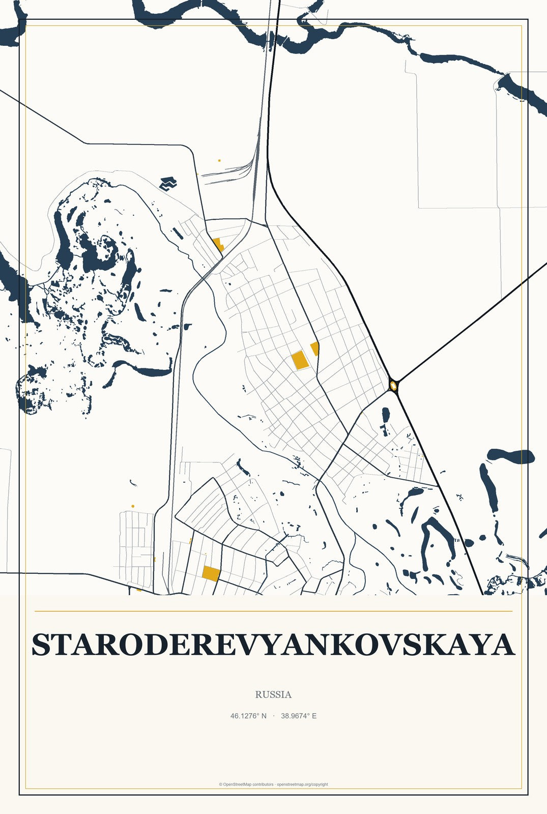 Staroderevyankovskaya, Russia City Map Aluminum Sign in Citrine Modern style