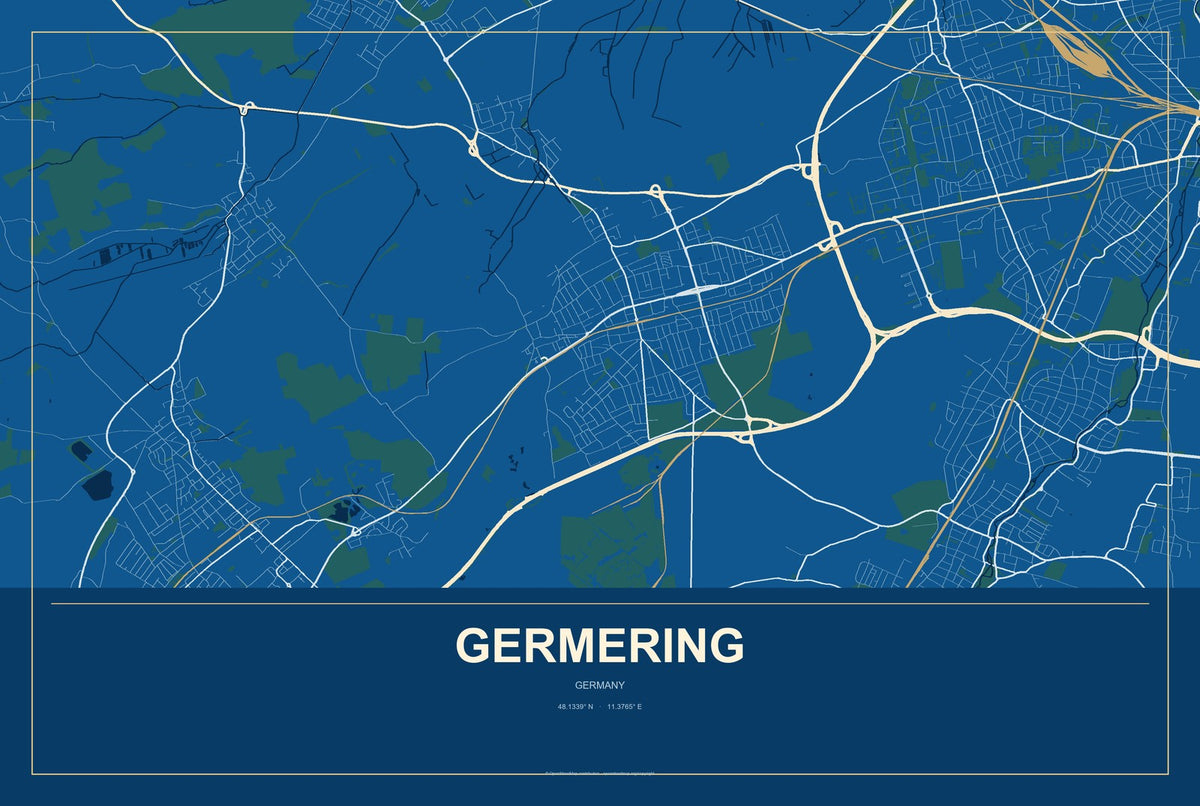 Germering, Germany City Map Aluminum Sign in Harbor Cobalt style