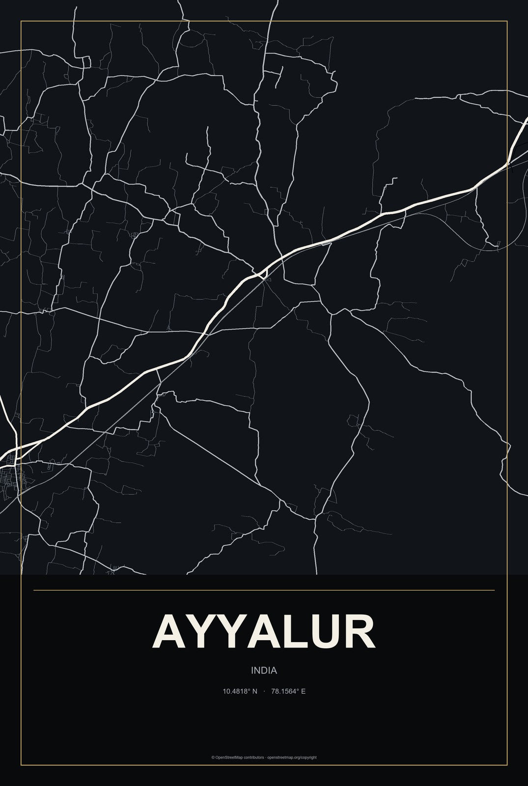 Ayyalur, India City Map Aluminum Sign in Metropolitan Noir style