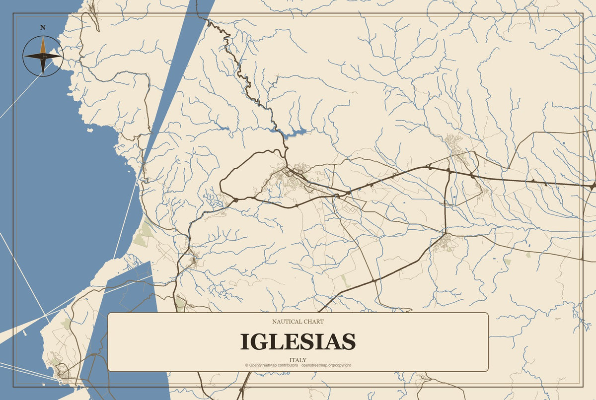 Iglesias, Italy City Map Aluminum Sign in Heritage Nautical style