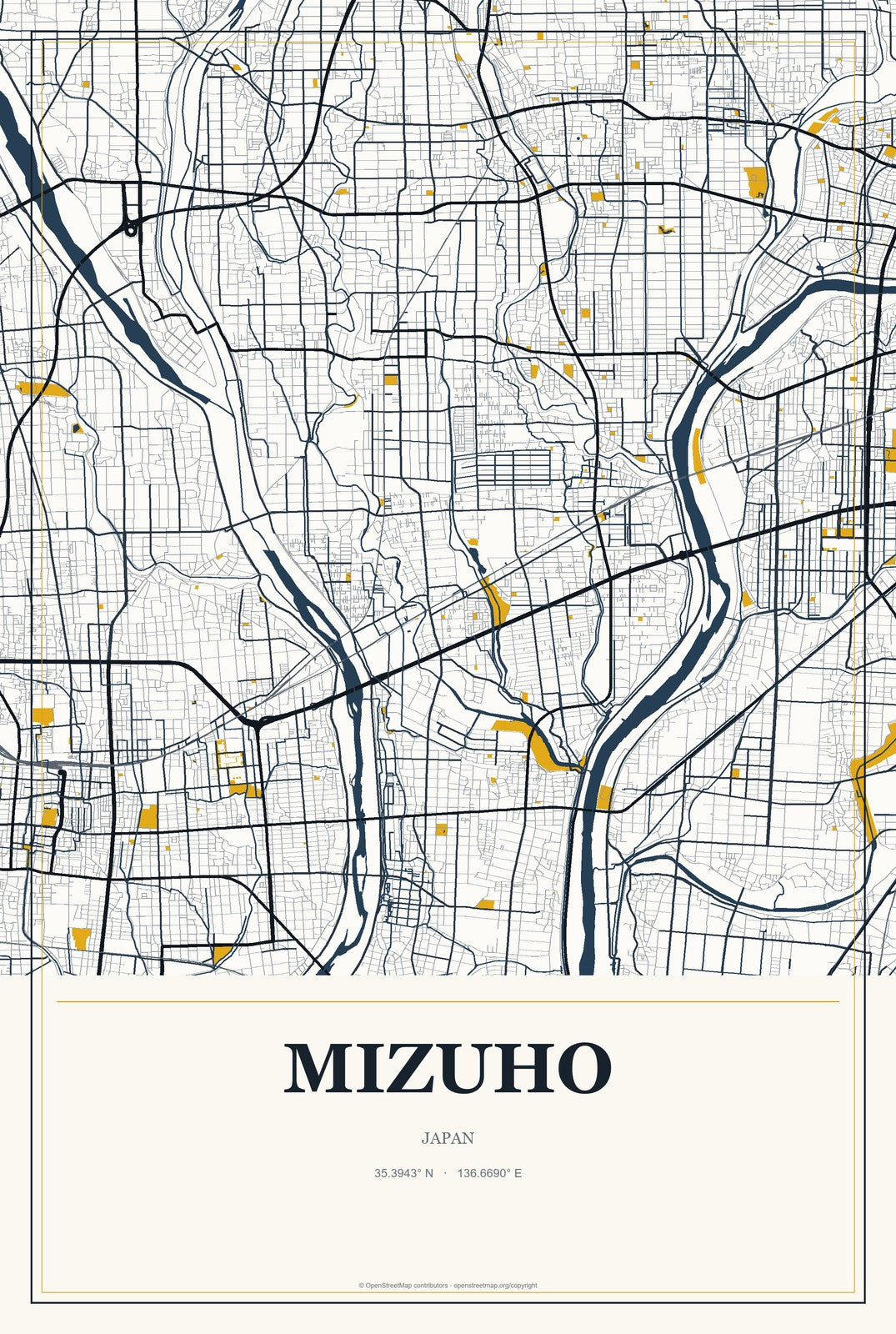Mizuho, Japan City Map Aluminum Sign in Citrine Modern style