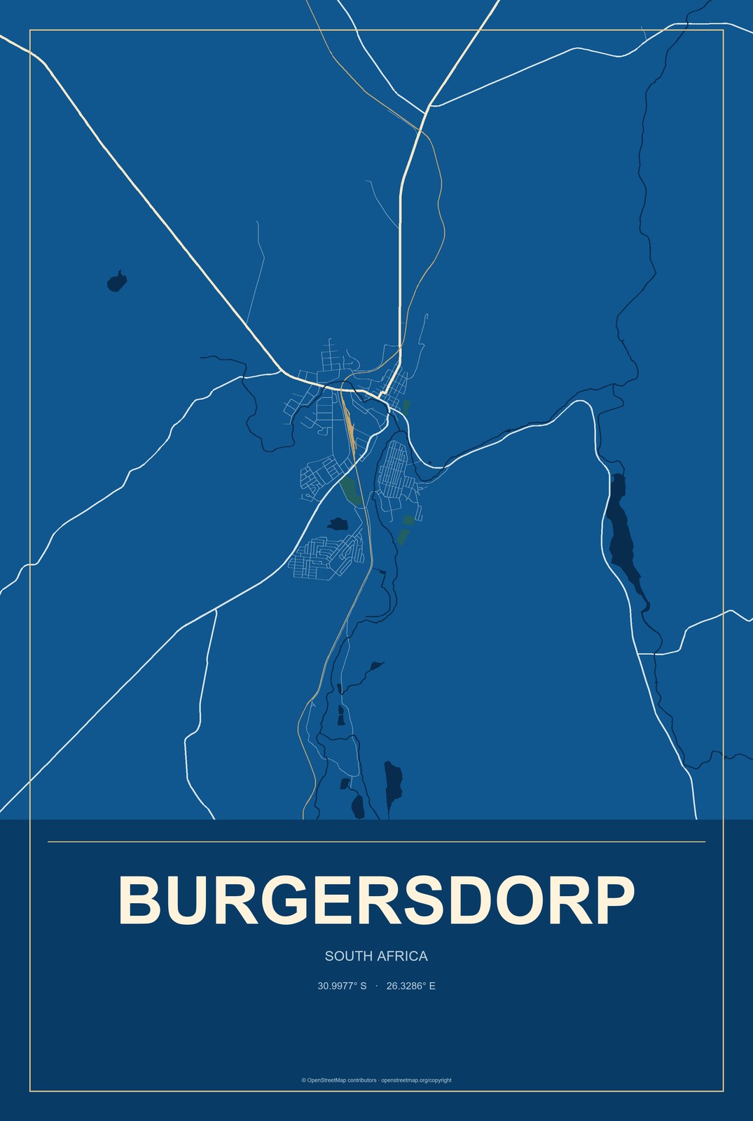 Burgersdorp, South Africa City Map Aluminum Sign in Harbor Cobalt style