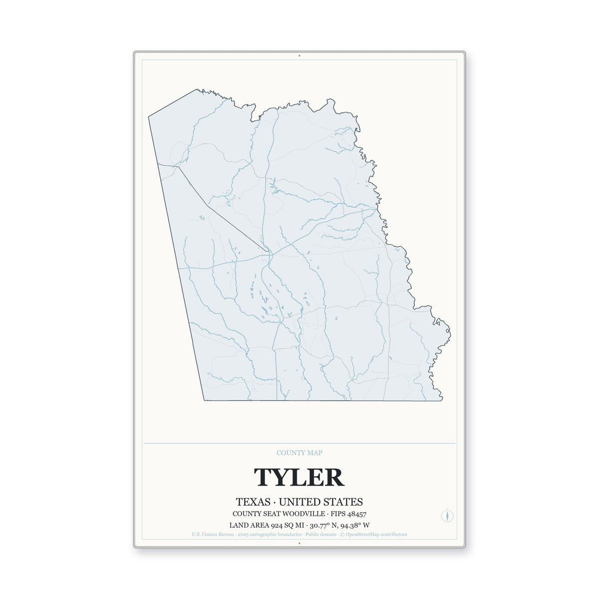 Tyler County, Texas Map Aluminum Sign in Gallery Air style