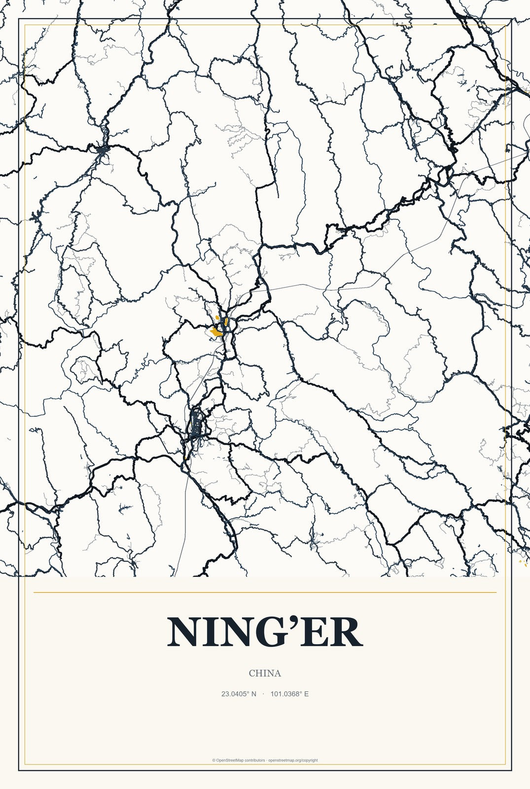 Ning’er, China City Map Aluminum Sign in Citrine Modern style