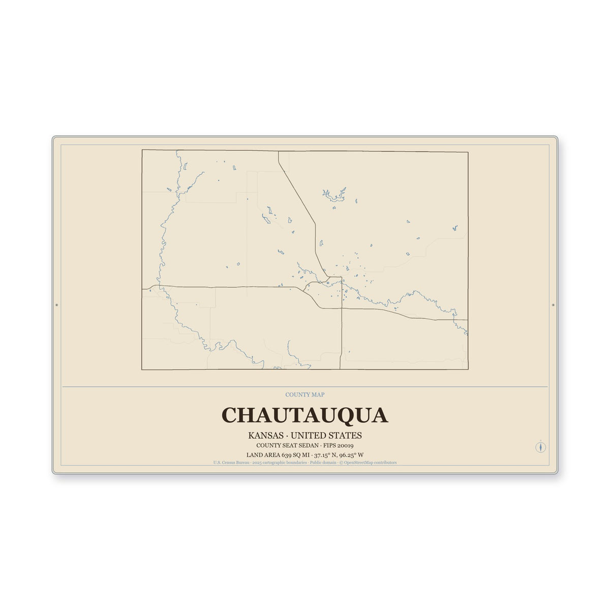 Chautauqua County, Kansas Map Aluminum Sign in Heritage Nautical style