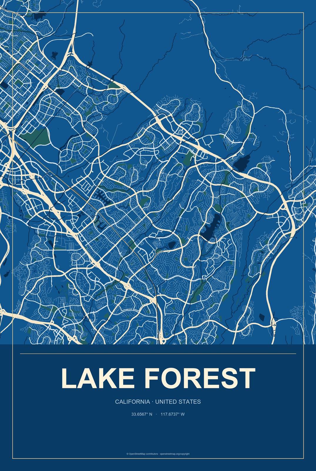 Lake Forest, California City Map Aluminum Sign in Harbor Cobalt style