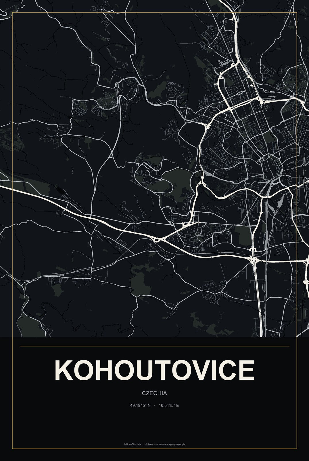 Kohoutovice, Czechia City Map Aluminum Sign in Metropolitan Noir style