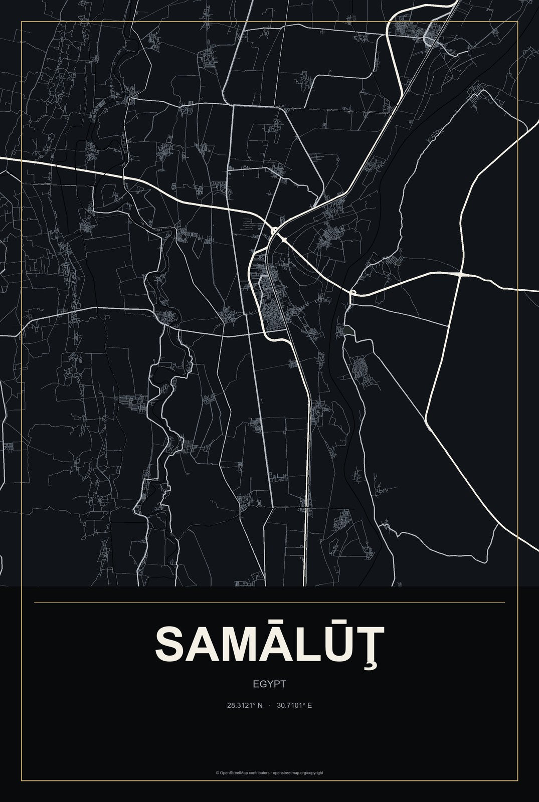 Samālūţ, Egypt City Map Aluminum Sign in Metropolitan Noir style