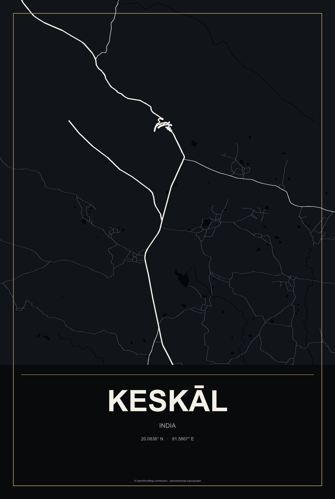 Keskāl, India City Map Aluminum Sign in Metropolitan Noir style