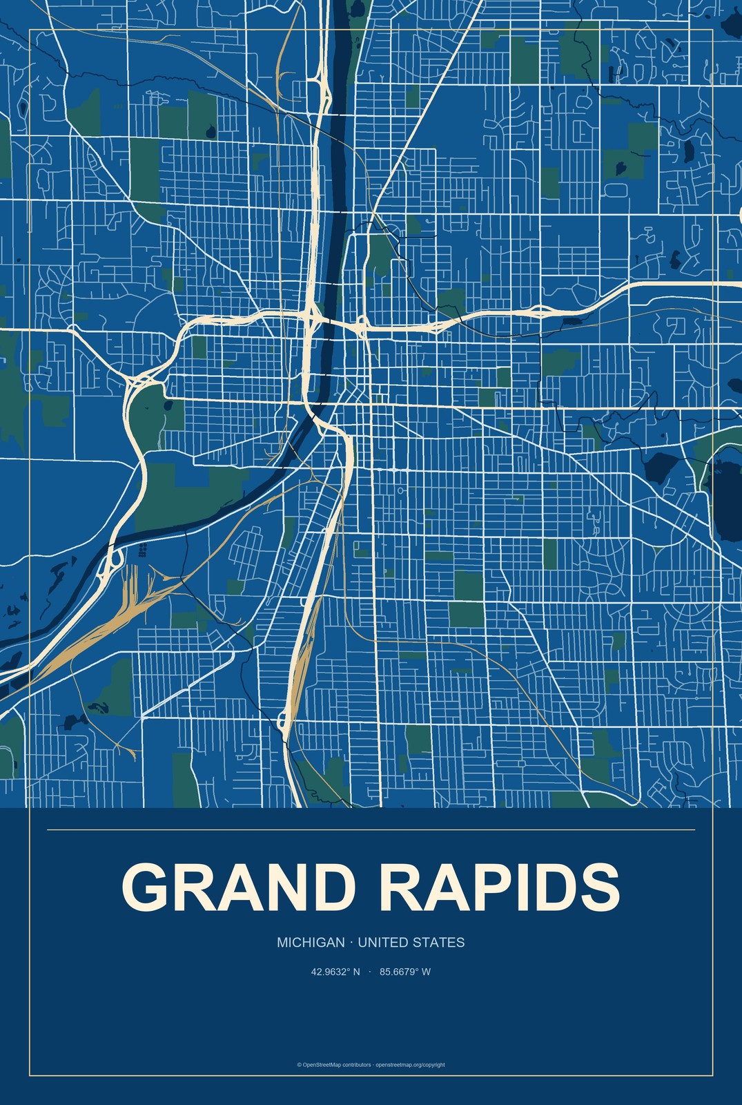 Grand Rapids, Michigan City Map Aluminum Sign in Harbor Cobalt style