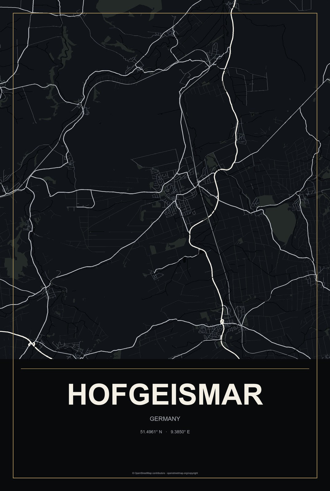 Hofgeismar, Germany City Map Aluminum Sign in Metropolitan Noir style