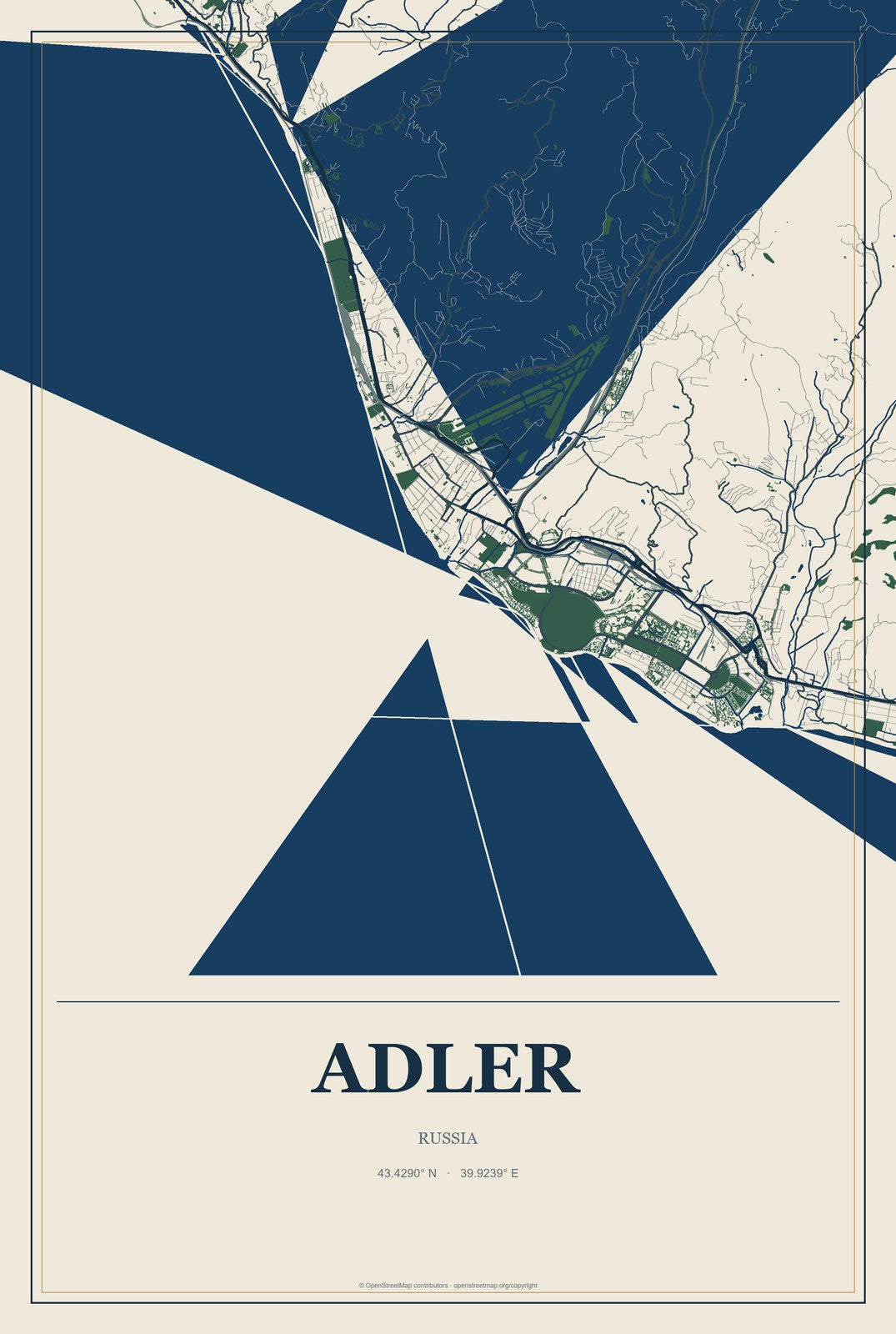 Adler, Russia City Map Aluminum Sign in Coastal Cutout style