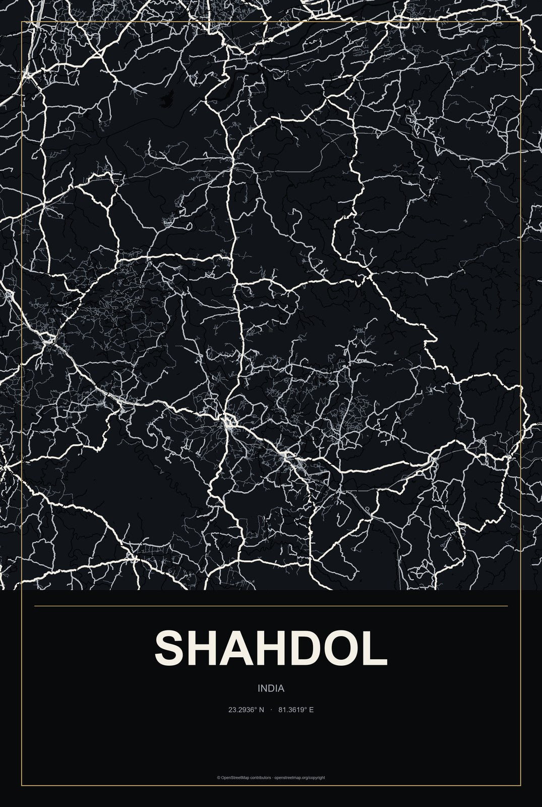 Shahdol, India City Map Aluminum Sign in Metropolitan Noir style