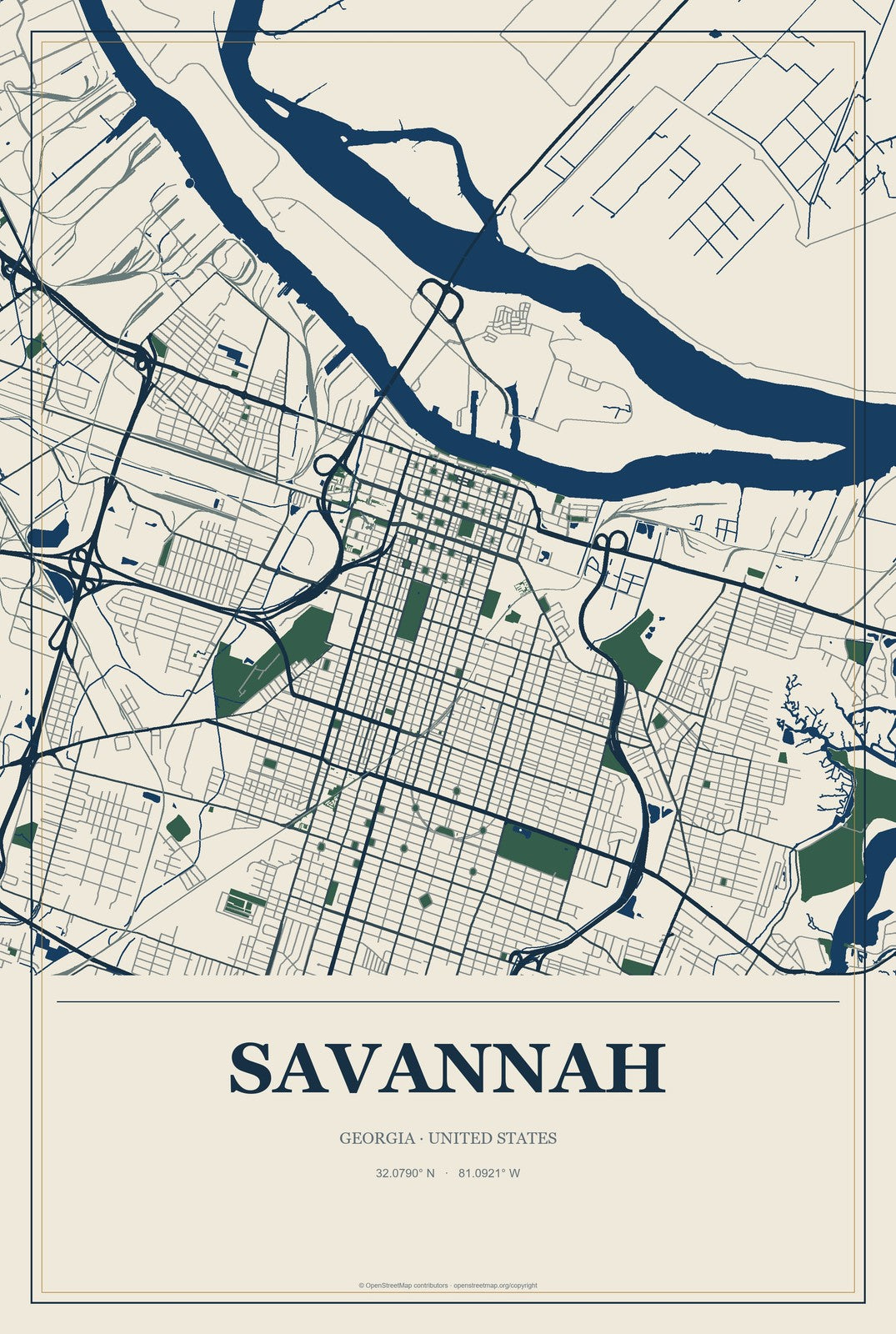 Savannah, Georgia City Map Aluminum Sign in Coastal Cutout style